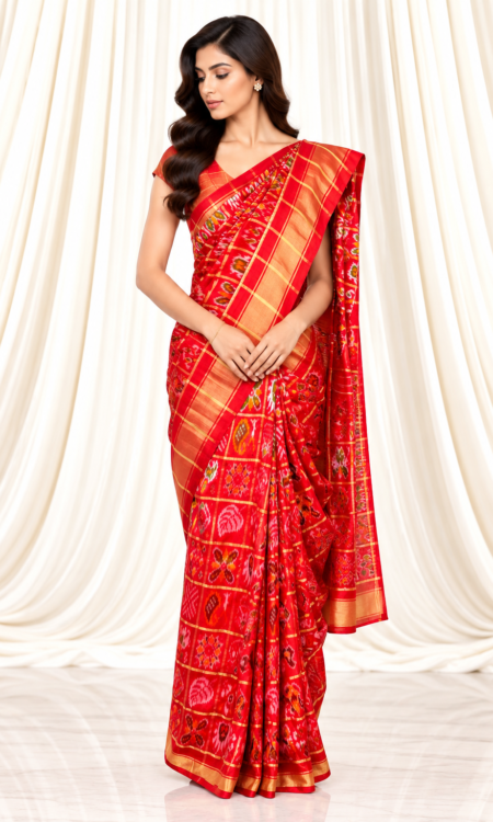 Red Single Ikkat Patola Saree with Floral & Bird Motifs