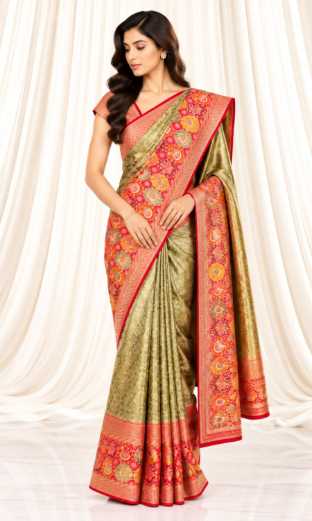 Green Kanchi Tissue Saree with Patola-Inspired Bird Motifs