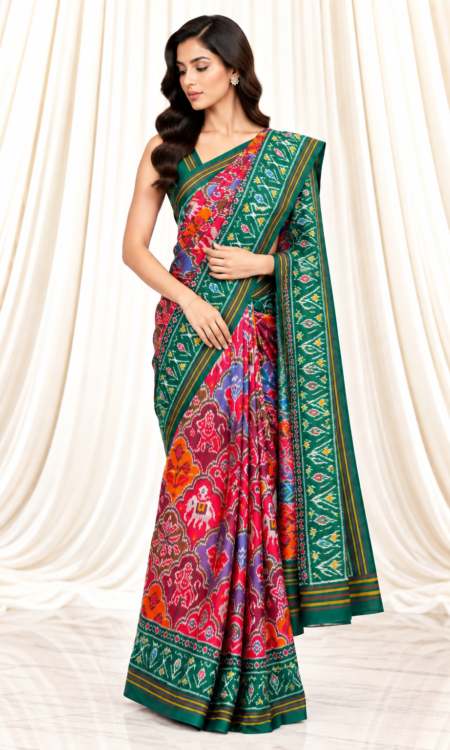 Single Ikkat Saree with Animal & Bird Motifs and Green Border