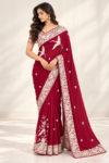 Red Parsi Gara Georgette Saree with White Floral & Flamingo Motifs