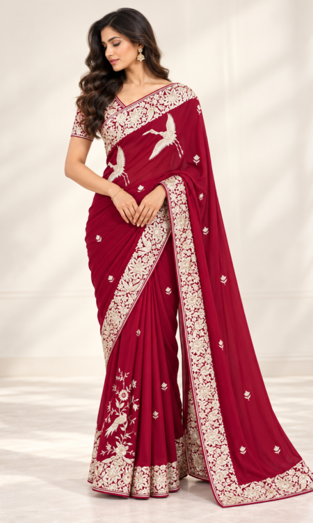 Red Parsi Gara Georgette Saree with White Floral & Flamingo Motifs
