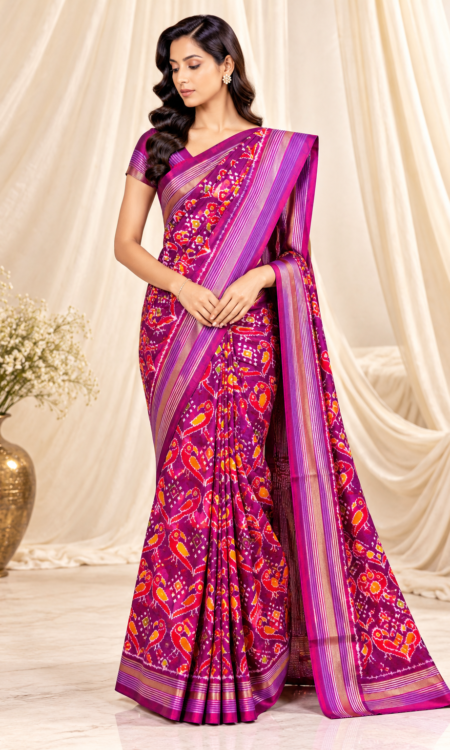 Violet Ikkat Saree with Yellow & Red Bird Motifs