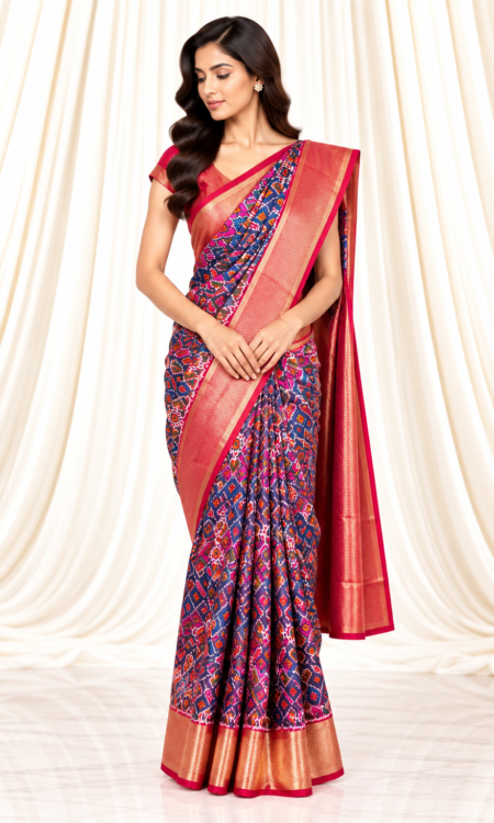 Single Ikkat Patola Saree with Gold Zari Border