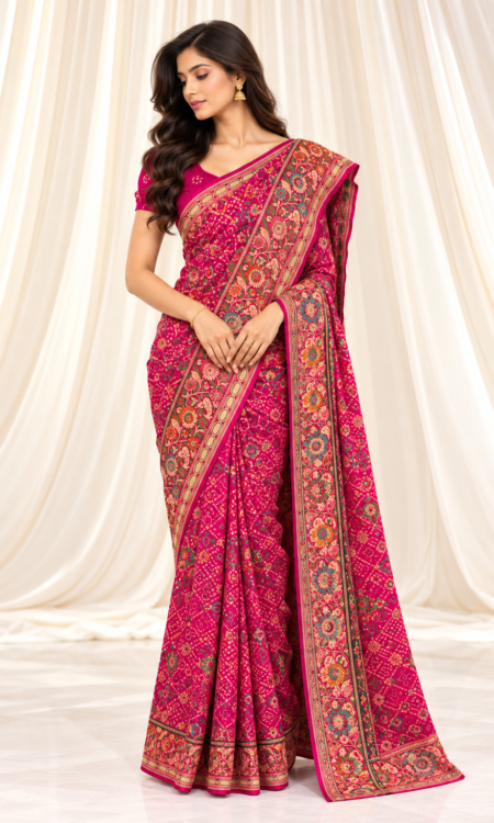 Pink Pure Bandhani Saree with Multicolour Floral Motifs & Gold Weaving