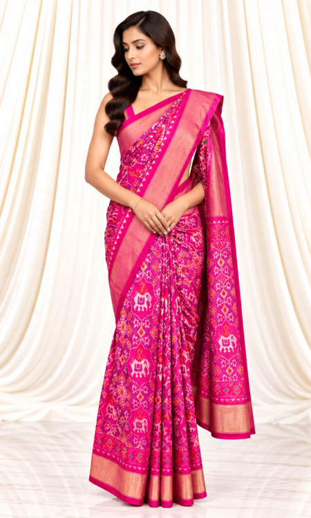Pink Single Ikkat Patola Saree with Floral & Elephant Motifs