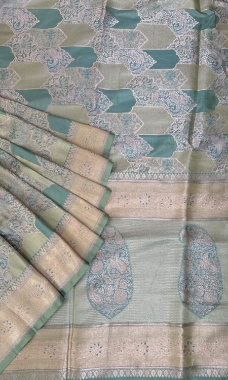 Sea Green & Pastel Green Kanchi Saree with Floral concept & Gold Zari