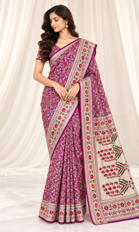 Violet Banarasi Silk Saree with Patola-Inspired Meenakari Border