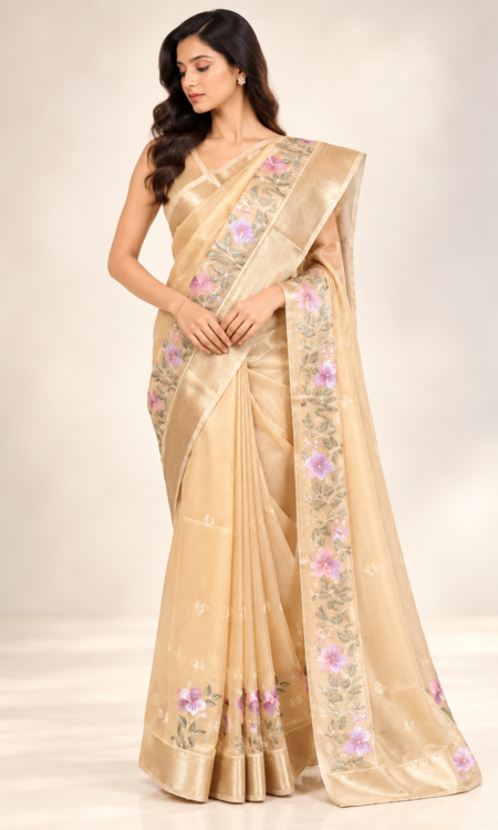 Cream Tissue Saree with Floral Motifs & Gold Zari Border