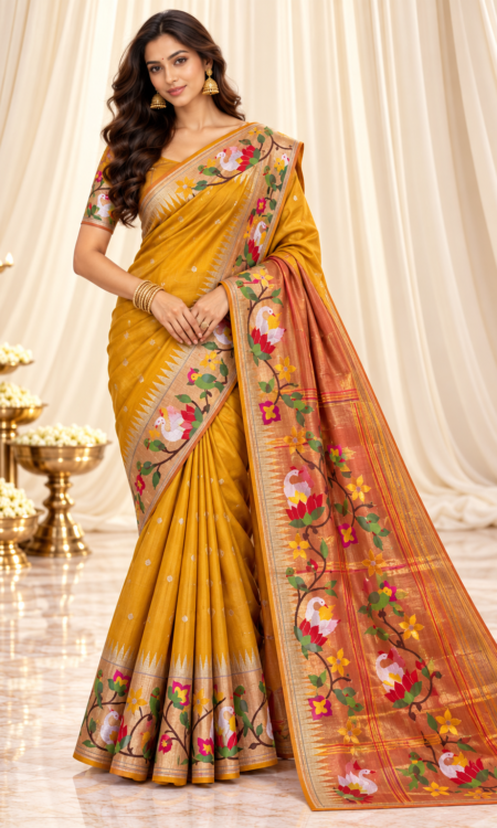 Mustard Yellow Pure Paithani Saree with Gold Buttis & Swan Motifs