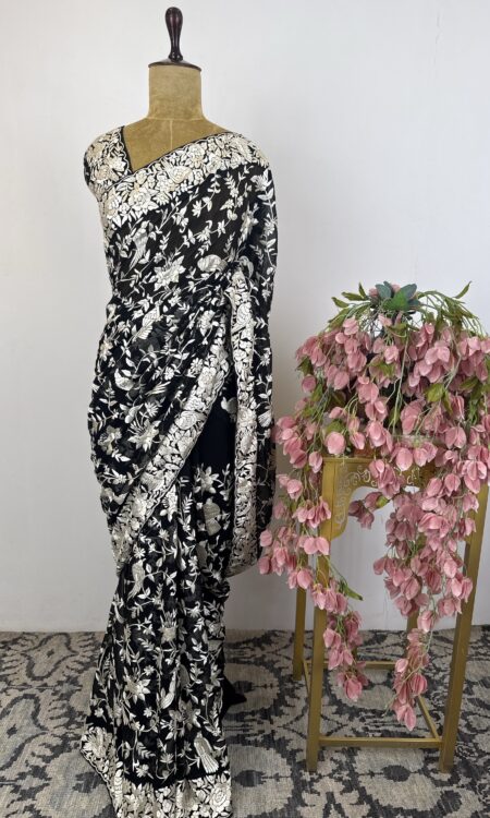 Black Parsi Gara Georgette Saree with White Floral & Bird Motifs