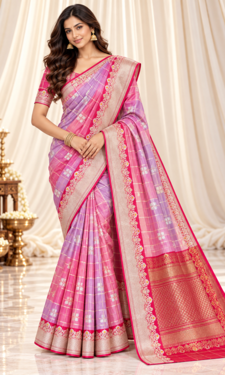 Pastel Pink & Lilac Banarasi Tissue Saree with Red Border