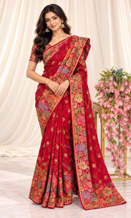 Red Pure Georgette Rai Dana Bandhej Saree with Floral Motifs