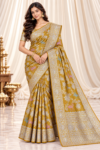 Mustard Yellow Pure Banarasi Silk Saree with Multicolour Animal Motifs