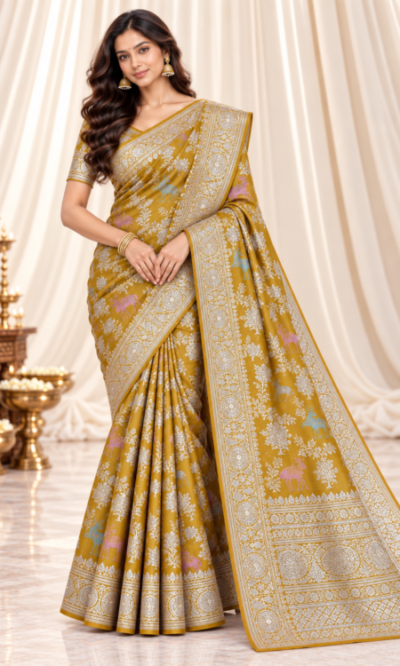 Mustard Yellow Pure Banarasi Silk Saree with Multicolour Animal Motifs