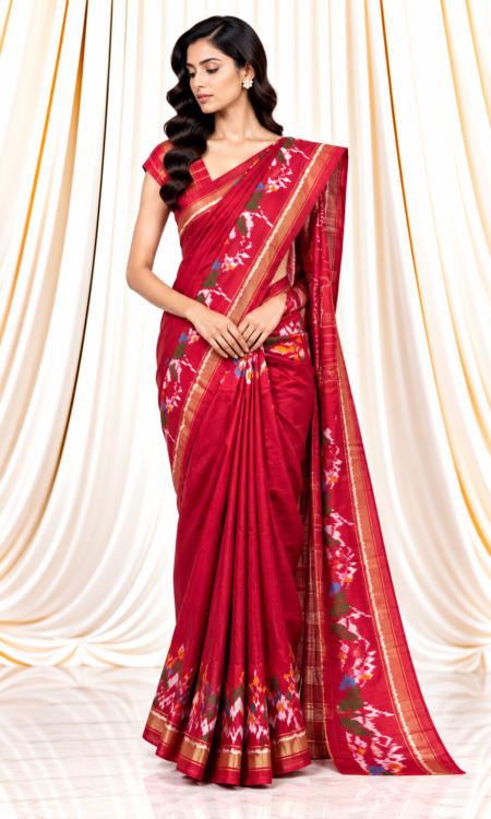 Red Ikkat Saree with Multicolour Floral Motifs