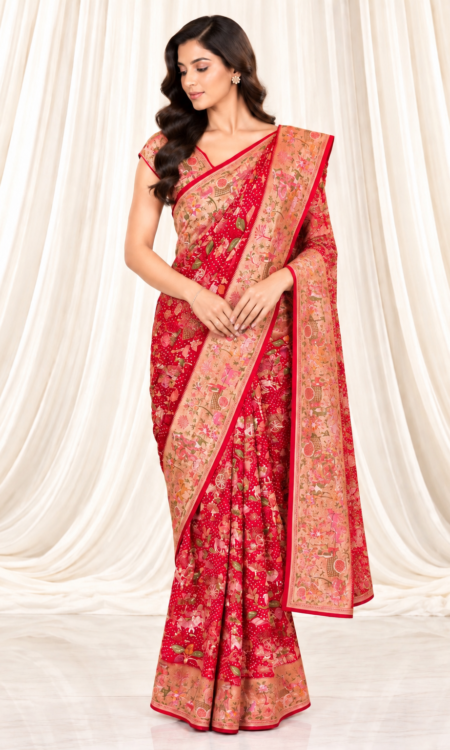 Red Bandhani Georgette Saree with Village Meenakari & Gold Zari