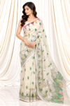 White Jamdhani Saree with Pond-Inspired Crane & Fish Motifs