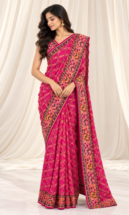 Pink Bandhani Saree with Meenakari & Gold Zari Weaving